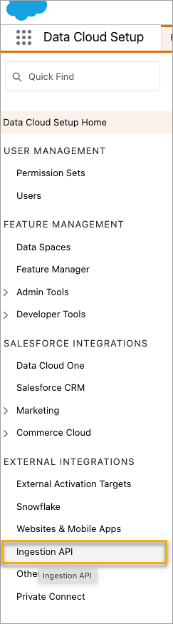 El menú de búsqueda rápida de configuración de Salesforce Org Data Cloud que muestra la opción de menú API de ingesta.