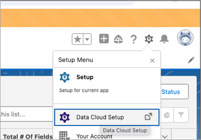 El menú Configuración en una organización de Salesforce que muestra la opción de menú Configuración de Data Cloud.