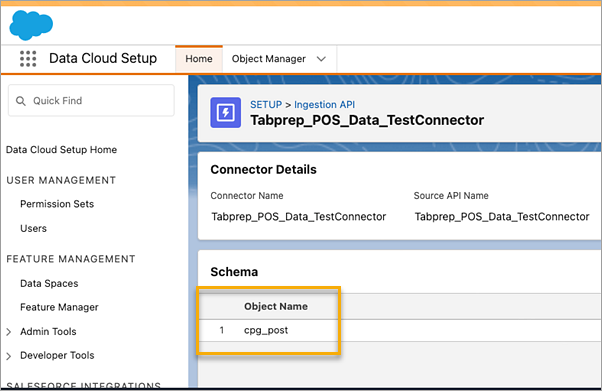 Salesforce Data Cloud 수집 API 커넥터 세부 정보 페이지에 커넥터에 해당하는 개체가 표시되어 있습니다.