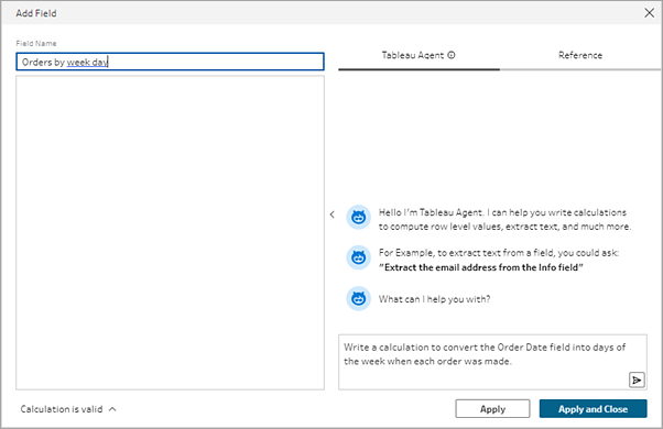 De Tableau Prep-berekeningseditor met het Tableau Agent-verzoek voor berekening.