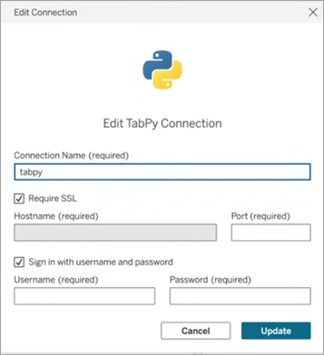 der Dialog zum Bearbeiten der Verbindung für Tabpy