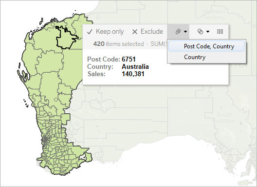Karte von Australien mit der im Tooltip ausgewählten Detaillierungsoption „Postleitzahl, Land“.