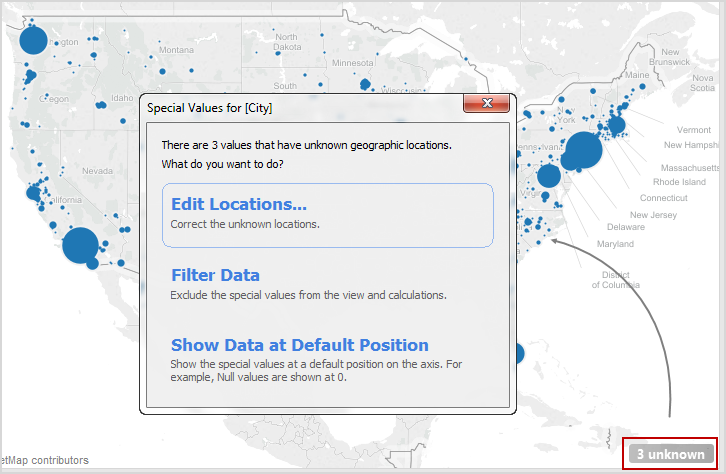 Un mapa de los Estados Unidos con círculos azules que indican puntos de datos y muestra un mensaje sobre tres ubicaciones no identificadas.