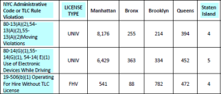 Tabla de ejemplo con varias líneas que muestran detalles de violaciones de licencia en la ciudad de Nueva York.