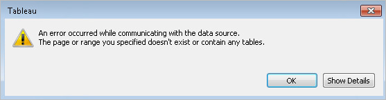 Error Unicode que indica que se produjo un error durante la comunicación con la fuente de datos y la página o el rango especificado no existe o no contiene tablas.