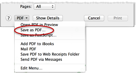 Menú desplegable de PDF con la opción Guardar como PDF marcada con un círculo.