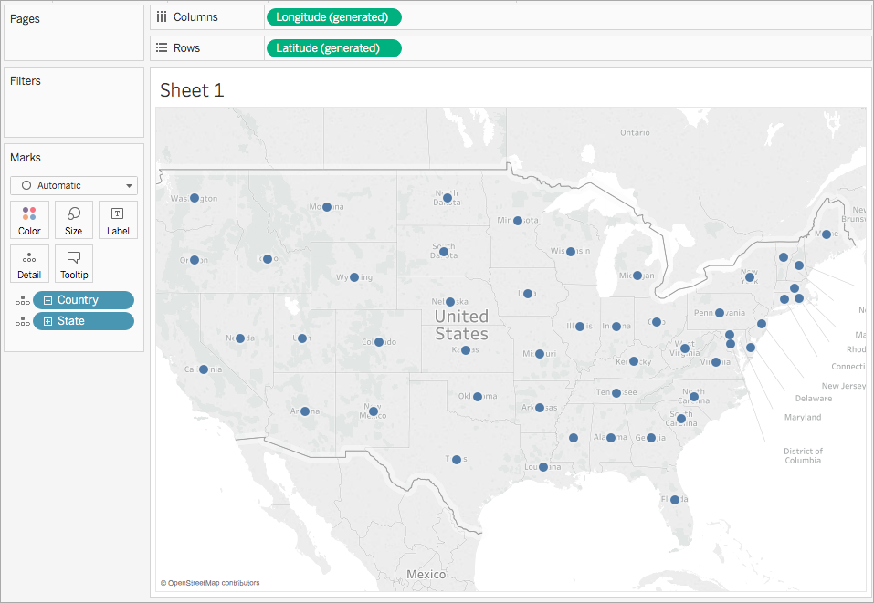 Un mapa de puntos simple de los Estados Unidos.