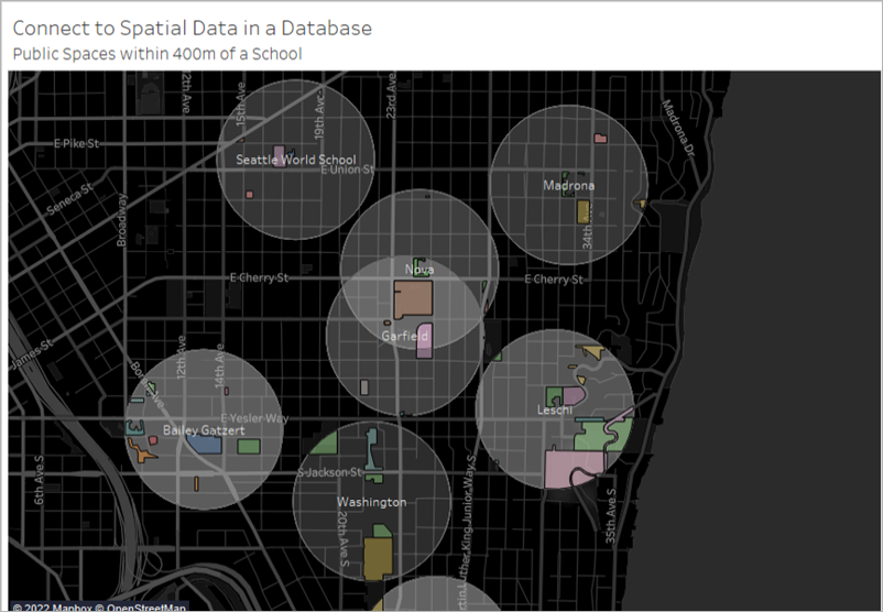 Un mapa de espacios públicos a 400 metros de una escuela en Seattle.