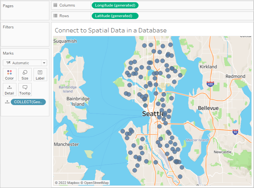 Un mapa de Seattle con puntos de datos representados por puntos.