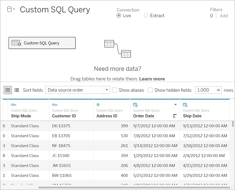 Une vue détaillée d’une interface de requête SQL personnalisée affichant les filtres et l’ordre des sources de données.