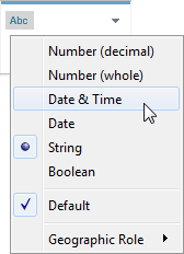 Un menu déroulant affiche les types de données pour un champ, avec l’option date et heure en surbrillance.