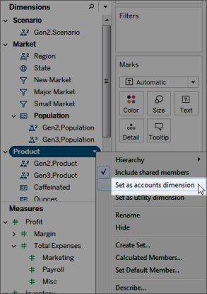 Un menu déroulant avec l’option «&nbsp;Définir en tant que dimension Comptes&nbsp;» sélectionnée.