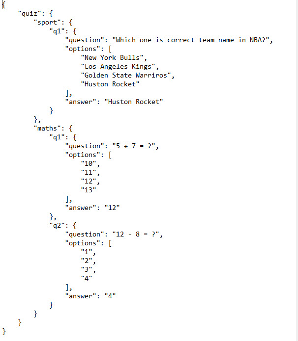 Extrait de code JSON affichant un questionnaire portant sur le sport et les mathématiques.