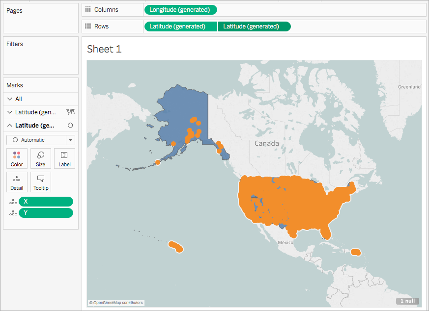 Une carte à axe double des États-Unis. L’une avec le type de repère Carte, et l’autre avec le type de repère Automatique.