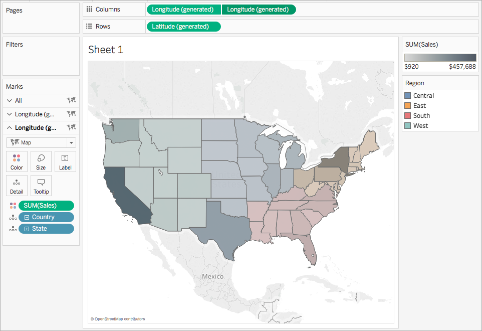 Une carte à axe double des États-Unis affichant les ventes par zone géographique.