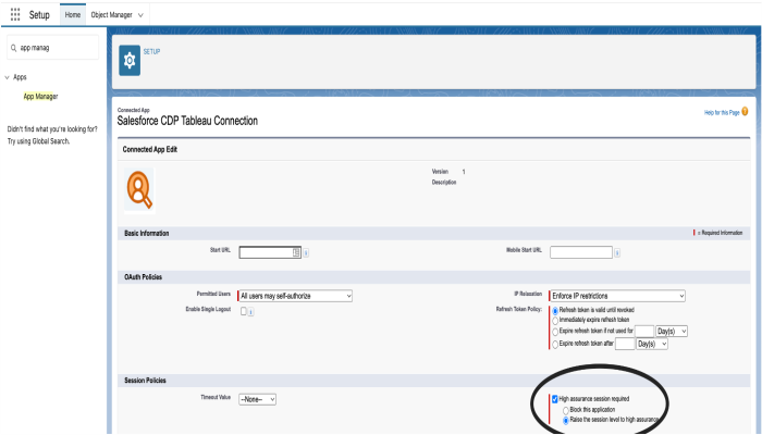 Une application connectée à Salesforce avec l’option High assurance session required (Session d’assurance élevée requise) cochée.