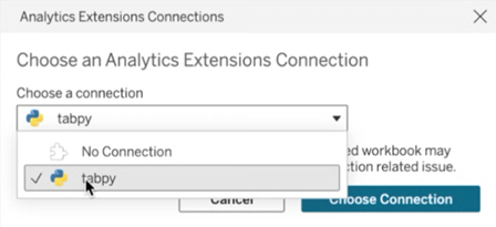 La boîte de dialogue Connexions des extensions analytiques montrant une connexion tabpy en cours de sélection