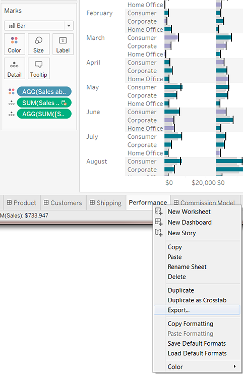Le menu contextuel d’une feuille de calcul affiche l’option Exporter.