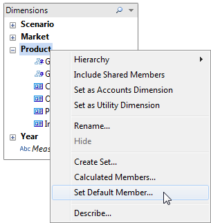 Un menu déroulant avec des options pour définir un membre par défaut, décrire, créer un ensemble et renommer les membres.