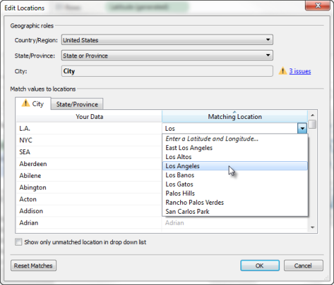 Fenêtre Modifier les emplacements avec des options de définition des rôles géographiques et une liste déroulante avec des options de ville développées dans la section Faire correspondre les valeurs aux emplacements.