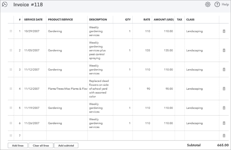 Une facture de table, numéro&nbsp;118, indique la date du service, les produits et services, une description, la quantité, le taux, le montant, la taxe et la classe.