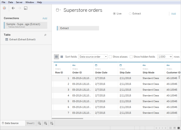 Exemple de source de données de fichier Tableau Data Extract utilisant Tableau Desktop sur un ordinateur Windows.