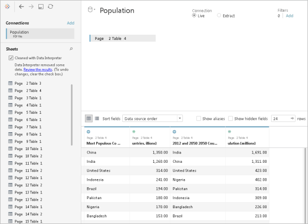 Fenêtre affichant les détails d’une connexion de données de population qui a été sélectionnée pour l’exportation au format PDF.