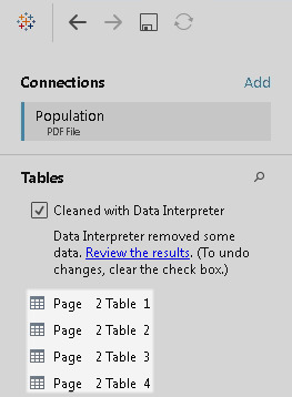 Une table indique la page du fichier .pdf d’où provient la table et l’ordre dans lequel elle a été identifiée.
