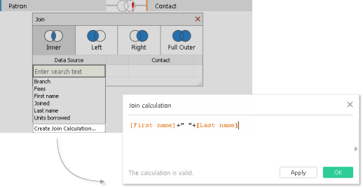 Un calcul de jointure qui fusionne ensemble les colonnes Prénom et Nom.