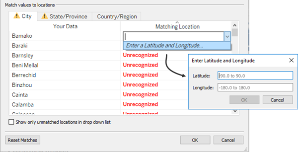 Boîte de dialogue Entrez une latitude et une longitude pour les données géographiques non reconnues.