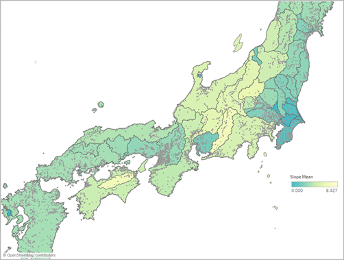 Une carte du Japon, avec différentes nuances de vert indiquant la pente moyenne.