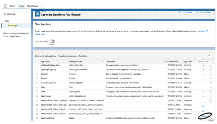 Cloner des applications, avec une option de gestion des applications.