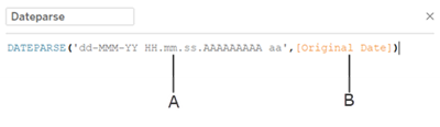 Formula DATEPARSE con parti della formula etichettate A e B.