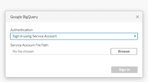 Finestra di autenticazione di Google BigQuery con l’opzione Accedi tramite account servizio selezionata per il menu a discesa Autenticazione.