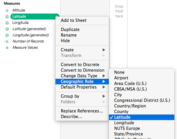 Menu contestuale del campo Misura con il ruolo geografico Latitudine applicato.