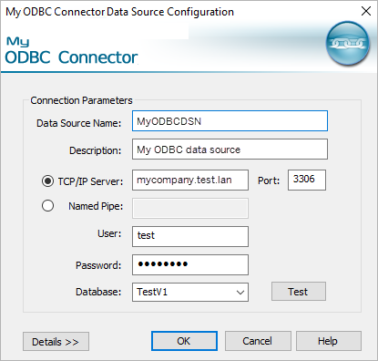 Finestra di configurazione per un’origine dati ODBC con campi per il nome dell’origine dati, la descrizione, il server, la porta, l’utente, la password e il database. Nella finestra sono presenti anche i pulsanti Dettagli, OK, Annulla e Guida.