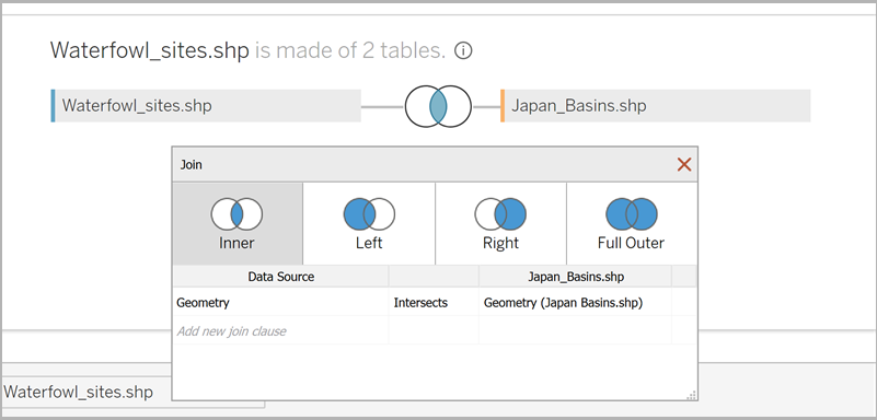Finestra di dialogo di join di Tableau con opzioni di join interno, sinistro, destro ed esterno completo.