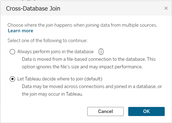 Tableau 또는 기존 데이터베이스를 사용하거나 Tableau만 사용하는 옵션이 있는 교차 데이터베이스 조인 설정입니다.
