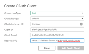 연결 유형, 공급자, 인스턴스 URL, 클라이언트 ID, 클라이언트 암호 및 리디렉션 URL 필드가 있는 OAuth 클라이언트 만들기 상자