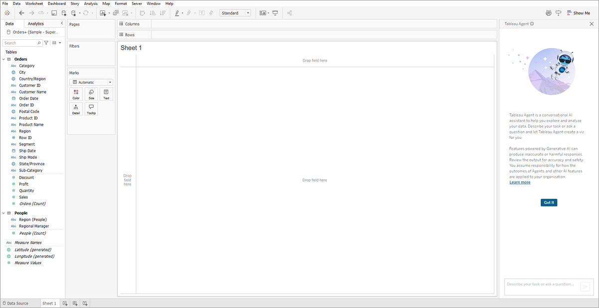 Tableau Agent 시작 화면을 보여주는 Tableau Desktop 워크시트입니다.