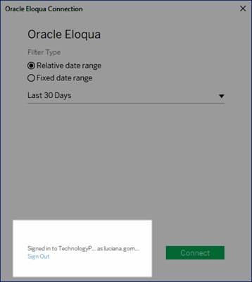 Uma janela com opções para conexão com o Oracle Eloqua.
