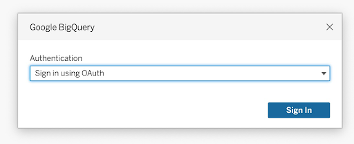 Janela de autenticação do Google BigQuery com o logon usando o OAuth selecionado no menu suspenso Autenticação.