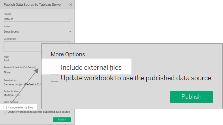 Caixa de diálogo Publicar fonte de dados no Tableau Server com a opção de incluir arquivos externos destacada.