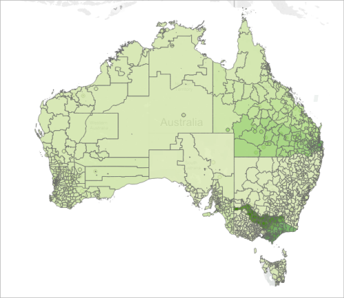 Mapa da Austrália mostrando o total de vendas por código postal de uma empresa com vendas em todo o país.