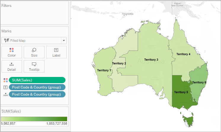 Agrupe os campos Código postal e País exibidos em seis territórios em um mapa da Austrália.