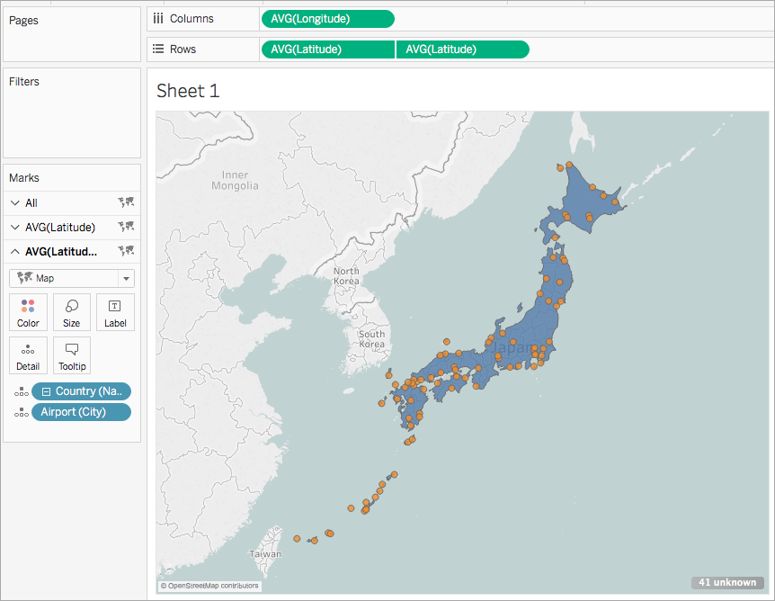 Um mapa de eixo duplo exibindo a localização de 41 pontos de dados no Japão.