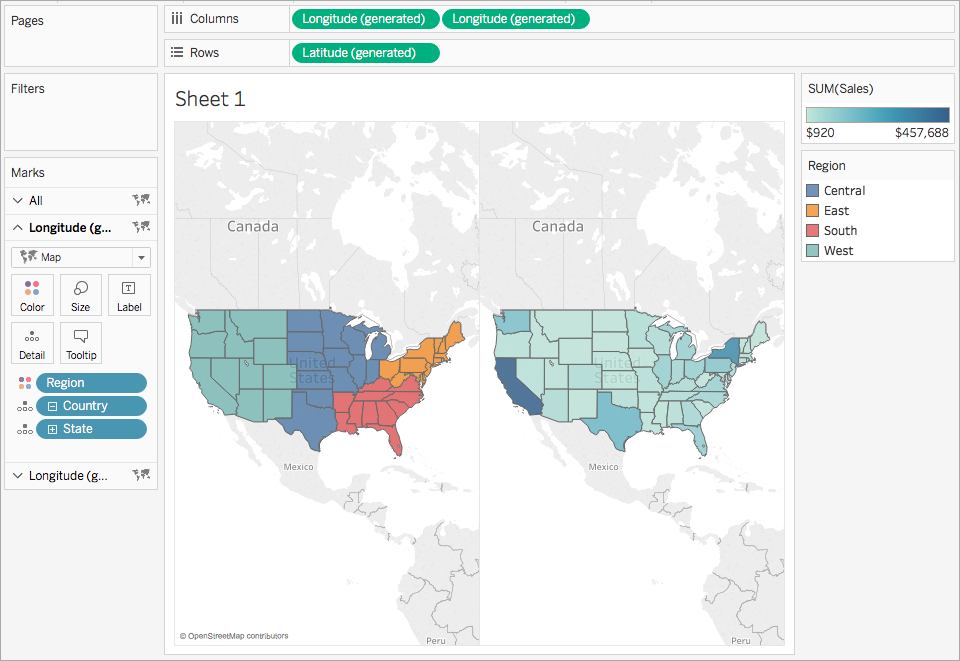 Dois mapas dos Estados Unidos lado a lado com diferentes paletas de cores aplicadas.