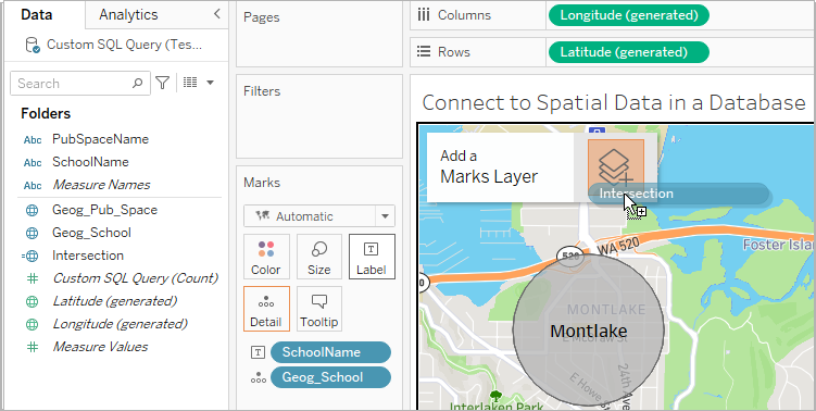 A caixa Adicionar uma camada de marcas que aparece ao arrastar um campo geográfico para uma tela que já contém um mapa.