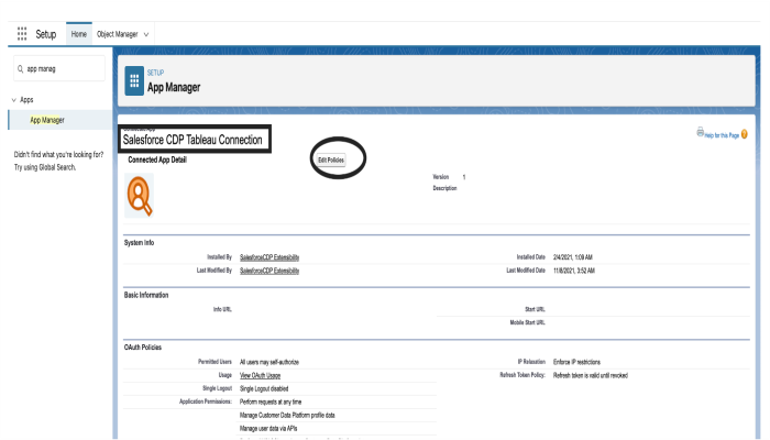 Um aplicativo conectado ao Salesforce com opções para editar políticas.