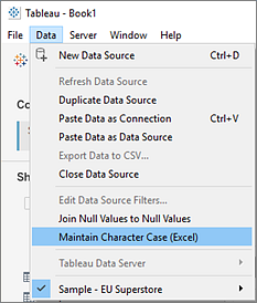 เวิร์กบุ๊ก Tableau เปิดอยู่และเมนูข้อมูลจะขยายออก จากเมนูข้อมูล ตัวเลือกตัวพิมพ์ใหญ่หลัก (Excel) จะไฮไลต์